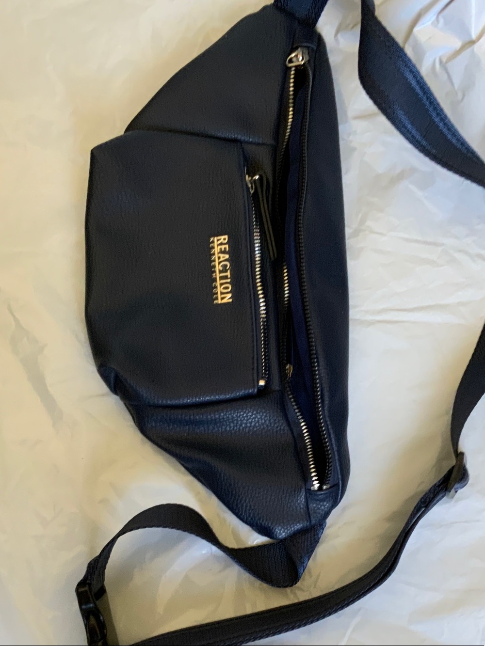 Kenneth Cole Reaction Navy Pebbled Crossbody Belt Bag with Gold Logo